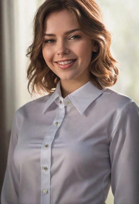 best quality, masterpiece, (photorealistic:1.4), 1girl, light smile, shirt with collars, waist up, dramatic lighting, from below