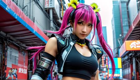 Cyberpunk Fantasy Art Street Fighter Style chun momo, (reimagined in a Street Fighter universe), (Street Fighter style), (Street Fighter), (Street Fighter outfit), (punk hair), muscles, kung fu outfit yoga pants, bright tokyo streets shipyard, cinematic scene, hero view, action pose, masterpiece, best quality, high quality, vibrant, dynamic, arcade, 2D fighting game, highly detailed, reminiscent of Street Fighter series (art by Pino Daeni:1.2), ClassipeintXL, LaxpeintXL, Inkdrawing,,,, Cyberpunk, often for dystopian future, hackers, or neon aesthetics.