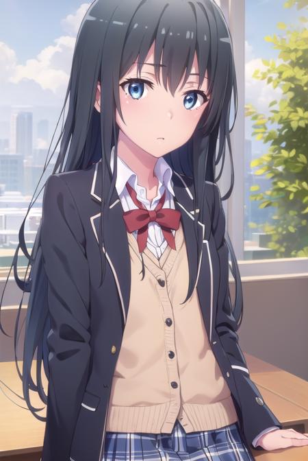 yukinoyukinoshita, <lora:yukino yukinoshita s2s3-lora-nochekaiser:1>, 
yukino yukinoshita, black hair, blue eyes, long hair, ahoge, (small breast:1.2),
BREAK blazer, cardigan, jacket, plaid, plaid skirt, school uniform, skirt, sobu high school uniform,
BREAK indoors, classroom,
BREAK looking at viewer, (cowboy shot:1.5),
BREAK <lyco:GoodHands-beta2:1>, (masterpiece:1.2), best quality, high resolution, unity 8k wallpaper, (illustration:0.8), (beautiful detailed eyes:1.6), extremely detailed face, perfect lighting, extremely detailed CG, (perfect hands, perfect anatomy),