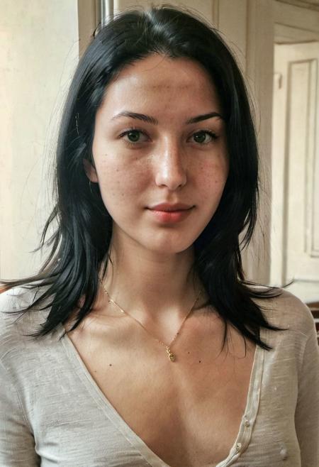 instagram selfie , a 23 year old gorgeous woman , slight cocky smile , detailed skin face and eyes ,  long black hair, wearing a silver necklace, film grain, low contrast, natural face , freckles , black hair , green eyes, dark circles under eyes, in a cute apartment in paris, golden hour, hard nipples , cocky, sassy, welcoming, thankful, relieved