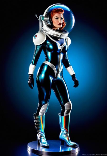 pinup with tousled hair in retro sci-fi tight 1950's era sci-fi spacesuit fishbowl space helmet on head, crisscrossed straps over chest, utility belt, large crescent shaped shoulder pads, go-go boots, oxygen tanks on back, steel, metal, leather, alien planet from 1950 science fiction b-movie, hourglass figure, long curving legs, viewed from side full pose, beautifully shot, sharp focus, Intensely Deep Rich Colors Sparkling Iridescent Translucent Holographic Layered Sculptured Polished Reflective Surfaces retrofuturism, vibrant and saturated colors, detailed, etched, epic cinematic,