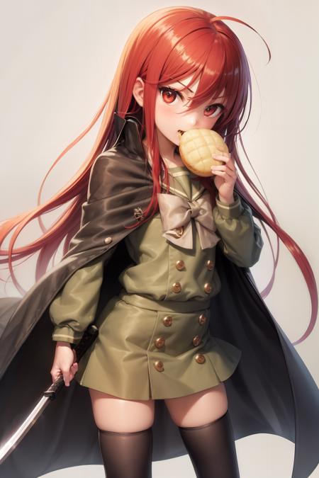 masterpiece, best quality,   <lora:shana:1>,shana, 1girl, long hair, weapon, sword, thighhighs, red hair, bread, melon bread, food, school uniform, red eyes, pendant, solo, jewelry, alastor (shakugan no shana), mouth hold, fire, serafuku, cape, zettai ryouiki, very long hair, katana, black thighhighs, coat, ahoge, food in mouth,grey background,