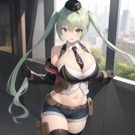 (masterpiece, best quality:1.2),illustration,8k,hd,city,1girl,solo,cowboy shot,micro uzi (girls frontline),aqua eyes,aqua hair,belt,between breasts,black gloves,blush,boots,black thighhighs,cleavage cutout,detached sleeves,eyebrows visible through hair,hair between eyes,hat,holster,large breasts,long sleeves,long twintails,midriff,navel,necktie between breasts,short shorts,twintails,<lora:Micro Uzi(gf)>,