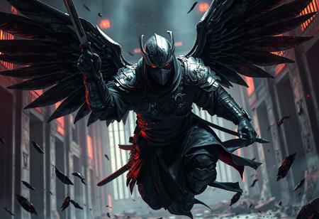 A high-resolution, 8K image of a Blade Armor Ninja with black wings, floating in random positions on a Dimensional Prison background. The Ninja, a dictator-like figure, is plus-sized, with a hyper maximalist design and rich, deep colors. The image features dynamic action pose, captivating lighting, vivid emotions, and a powerful message. The composition is impeccable, with a creative angle, attractive background, and balanced editing. The image is rendered with Octane Render and Unreal Engine 5, with a Raphael style and splash ink illustration. The Ninja's face, eyes, and clothes are super-detailed, handcrafted with precision, and the image features stunning colors, harmonious color palette, and multi-colored elements. The image is a masterpiece with intricate details, incredible depth, and has the potential to trend on ArtstationHQ, CGSociety, and other popular art platforms. The image is also suitable for concept art and matte painting.