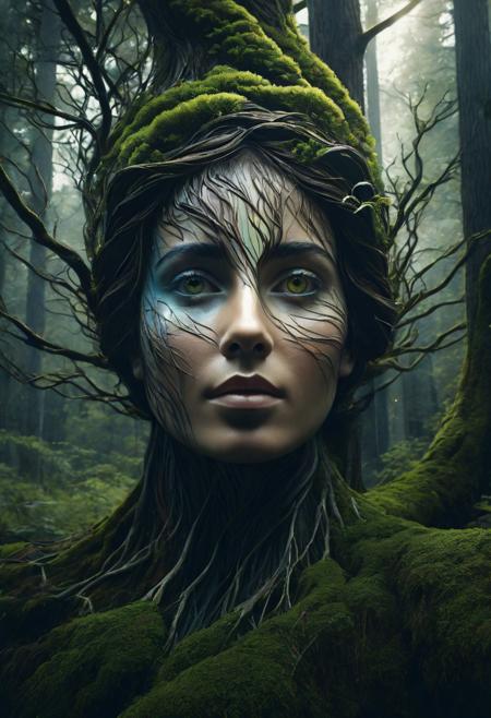 masterpiece, highres, detailed, highly aesthetic, engaging, dynamic composition, expressive digital palette, 
dryad,
pareidolia effect creating a beautiful face in branches, a mysterious forest realm, nature, a twisting natural beauty, otherworldly grace, spirit of the forest,
moody, cinematic,
8k, very aesthetic, professional 4k, Canon 5d mark 4, sharp focus, clean lines, realistic style, film grain, cinematic, moody lighting, natural light, soft light, depth of field, light particles, backlight, chiaroscuro, refraction, subsurface scattering