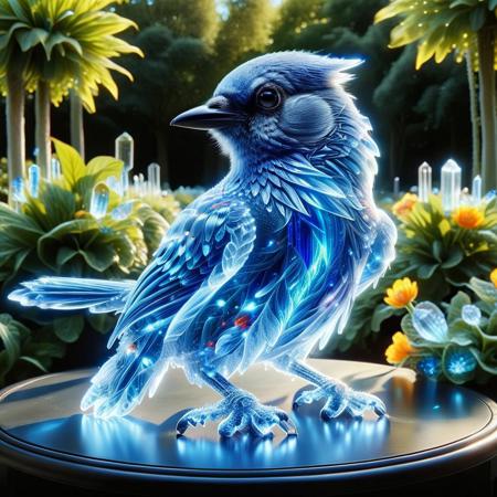 Bird blue jay made of crystal on a table,garden background,sunny day,highly detailed,masterpiece,high quality,pamcrystal