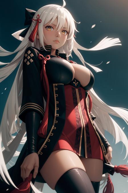 masterpiece, best quality, okita souji alter, very long hair, hair bow, tassel, arm warmers, black coat, red dress, cleavage, large breasts, black thighhighs, dramatic lighting, night, thunder, looking at viewer, emotionless, looking down, from below, arms at sides <lora:okitasoujialter-nvwls-v1-000010:0.9>