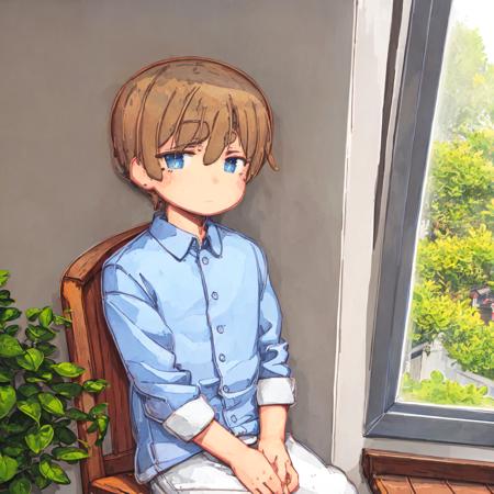 <lora:my-jrpencil-15:1> a boy sitting on a chair near the window in sunny weather, a clear contour, expressive eyes, a portrait