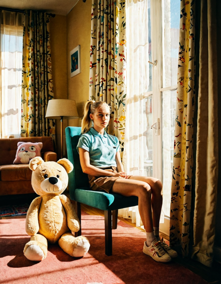 masterpiece, best quality,
blonde hair, ponytail, sitting on chair, legs crossed,
m4x1m4l, indoors, window, chair, stuffed toy, table, stuffed animal, curtains, couch, lamp, carpet, rug,
<lora:maximalism-m4x1m4l-indoors-SDXL-v1:1>, 
RAW candid cinema, 16mm, color graded portra 400 film, remarkable color, ultra realistic, textured skin, remarkable detailed pupils, realistic dull skin noise, visible skin detail, skin fuzz, dry skin, shot with cinematic camera