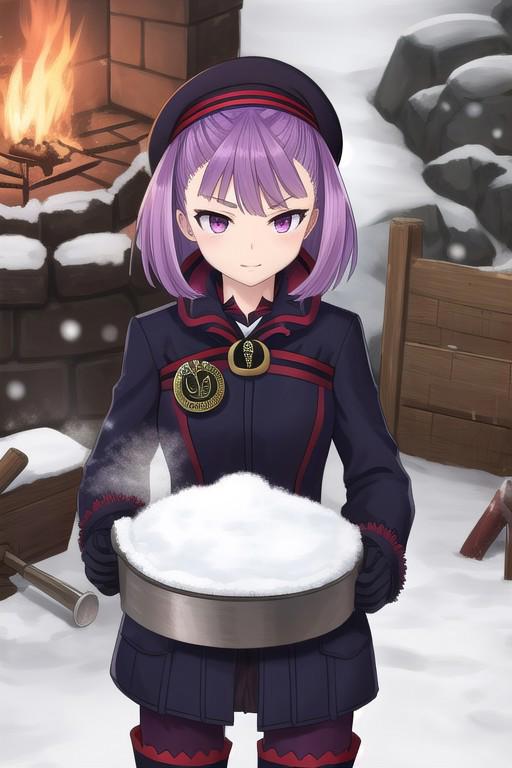 helena blavatsky, purple hair, short hair, (purple eyes:1.1),
winter clothes, snow, blacksmith, hammer, forge, forging, smithing