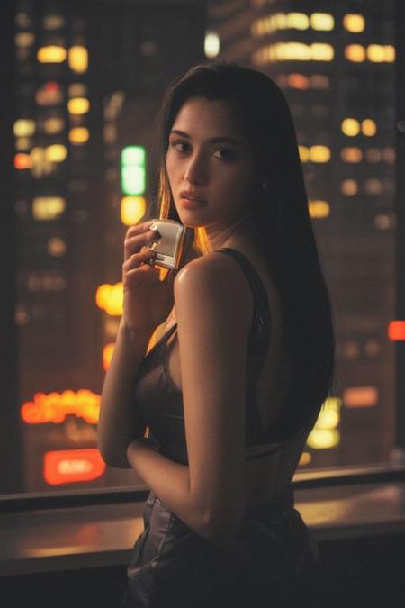 In a low-key style with the grainy texture of expired film, the photo offers a close-up view from above of a photo-realistic close-up medium shot of a beautiful girl's figure standing tall in front of large windows in a tall building, depicted in full body, gently cradling a perfumed bottle. The attention to detail captures every nuance of the subject's features and attire, creating a lifelike representation that almost breathes with realism. Against the backdrop of vibrant, full-color, saturated neon city lights, the scene comes alive with a plethora of hues and tones, infusing warmth and urban energy. The subject's expression exudes a sense of calm amidst the bustling cityscape. Bathed in the dim neon-colored light of the blacked-out large window showcasing the city's glowing neon signs, the scene is a captivating mix of dramatic shadows, heightened by a subtle rim light tracing along her silhouette, and accentuated by a soft hair light adding dimension and allure to her hair strands.