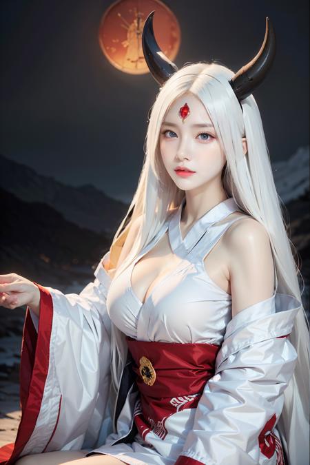 face lighting,bright backlight,super high resolution,best quality,Photos,4k,(Realistic:1.2),huiye,1girl,(the third eye:1.3),horns,(pale skin:1.4),(white hair:1.2),long hair,night,(red moon:1.2),white kimono,sit,
<lora:huiye_20:0.8>,