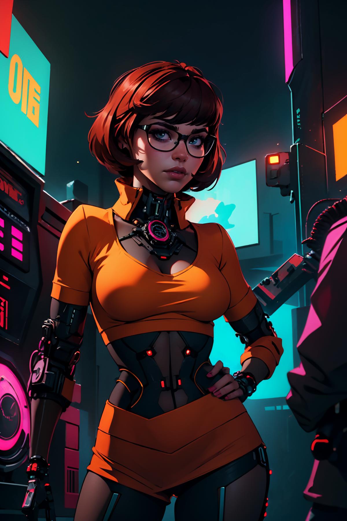 A woman wearing glasses and an orange shirt with a robotic arm.