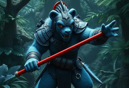 Light blue bear creature, Gladiator Beast Andal concept, armored, black helmet, red visor, holding red stick, dynamic pose, outstretched arms, focal point. Lush jungle dweller background, isometric view. Cinematic, hyperrealistic, ultra detailed 8K concept art, Octane Render, Unreal Engine 5, detailed oil on canvas painting, Splash Ink Illustration, Grammer Effect Style, Houdini Style, Raphael influence, CGSociety, trending on Artstation, exceptional quality, super detailed, stunning multi colors, captivating moody lighting, impeccable composition, golden ratio, creative angle.