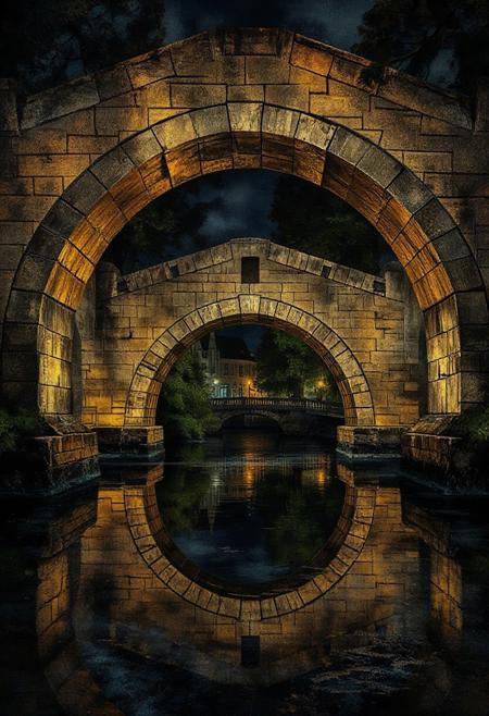 ethereal feel, High-definition 
"Create a digital painting of a stone arched bridge at night, illuminated by warm lights that highlight its architectural details. The bridge spans a calm body of water, where its semi-circular form is reflected perfectly, creating the illusion of a full circle or moon shape. The surrounding environment is dark, with hints of greenery and other architectural elements visible in the background, suggesting an urban or park setting at night."