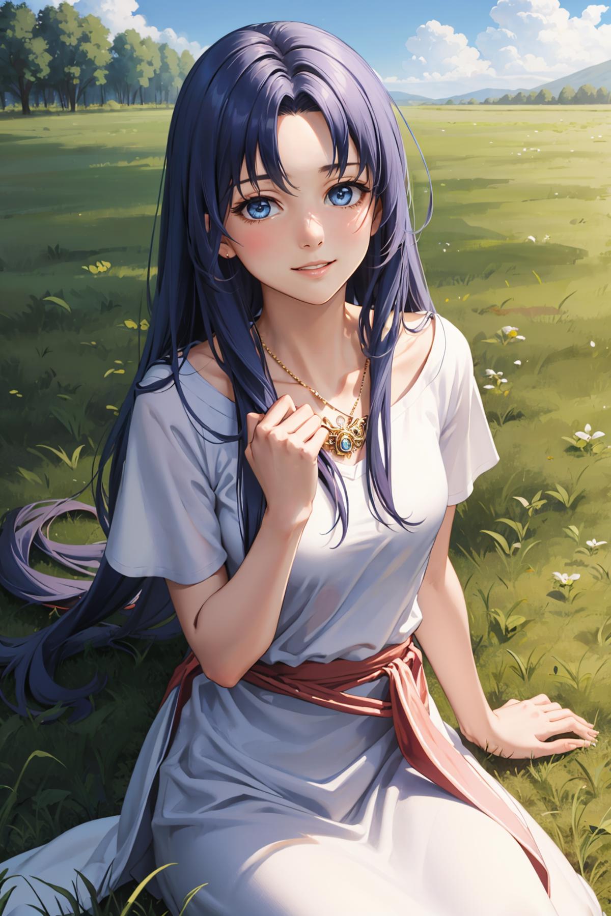 Anime girl with blue eyes, blue hair, and a necklace sitting on the grass.