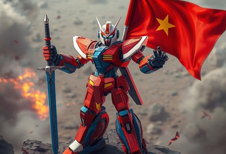 A Cyber Magician robot, predominantly red and blue, stands proudly on a Chaos Field, holding a flag and sword. The image features a detailed, high-resolution, 4K view of the robot's full body in an isometric dynamic action pose. The Cyber Magician robot's head is white with a red visor, its body is painted in a vibrant shade of red with a yellow and black striped pattern, and its arms and legs are blue. The robot's position and the relative positions of the flag and sword in its hands suggest a readiness for adventure. The image contains harmonious colors, stunning matte painting, and captivating lighting, showcasing the robot's intricate details, sharp lines, and brush strokes. This image is trending on Artstation and is an example of a golden ratio in contemporary aesthetics, with vivid emotions, a powerful message, and beautiful detailed eyes.