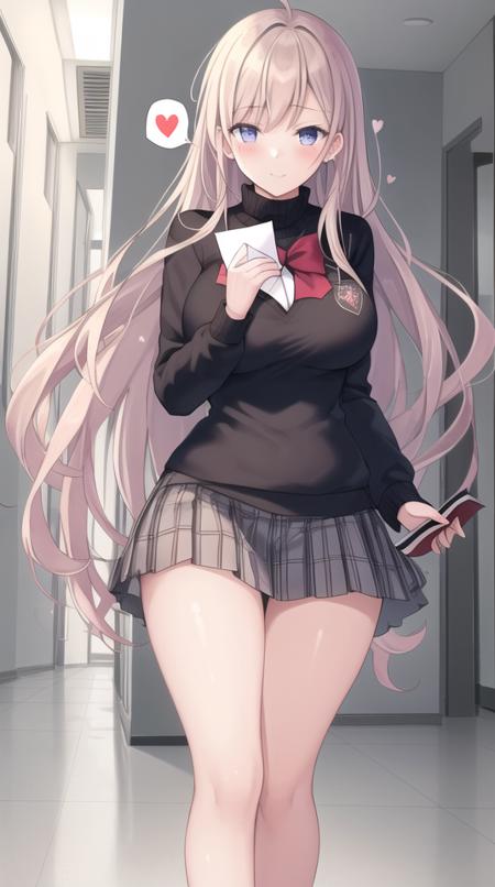 masterpiece, best quality, girl, in school hallway, holding love letter, spoken hearts