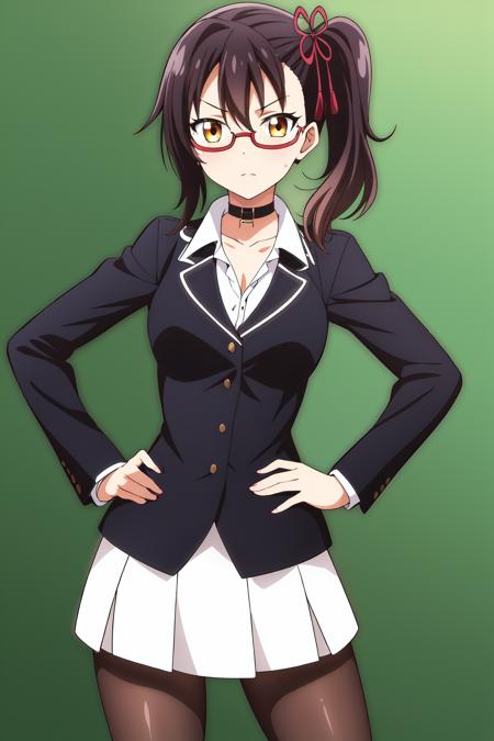 1girl, solo, looking at viewer, skirt, shirt, black hair, hair ornament, long sleeves, brown eyes, medium breasts, collarbone, jacket, white shirt, pantyhose, glasses, choker, collared shirt, miniskirt, black skirt, side ponytail, black jacket, hand on hip, dress shirt, black choker, formal, suit, wing collar, semi-rimless eyewear, pencil skirt, red-framed eyewear, under-rim eyewear, brown pantyhose, adjusting eyewear, office lady, skirt suit, hasuki_komai, office background