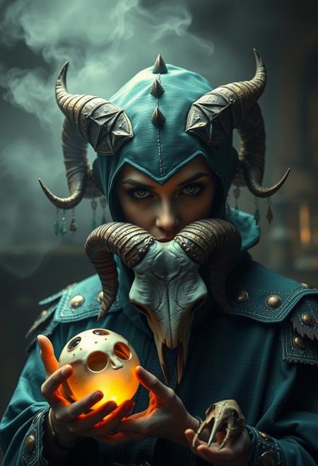 score_9, score_8_up, score_7_up, score_6_up, score_5_up, score_4_up, quality, intricate details, Mystical light. Fog. The feminine mage's severed head evil and mystical, with spiky robes that seem made of teal cloth with golden stitches. Epaulettes. a ball in one hand and mysterious goat skull in another hand, Rubies, symbolizing their magical power. Glow. a dark evil gaze that hints at their ancient knowledge and mystical prowess. alchemical laboratory, blending the natural with the magical, Soft natural lighting, High Definition HD, High Detail, Perfect Composition, ral-vudu, horror (theme), hud_s3v_h3ad, holding, holding head