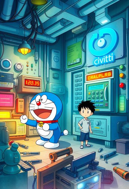 Doraemon anime scene, Watercolor backgrounds, dreamlike wonder, spirited characters, imaginative fantasy worlds. In a chaotic high-tech lab, Doraemon and nobita tackle a malfunctioning system. The room is cluttered with broken tools, tangled cables, and flashing warning lights. A blue "civitai" symbol is prominently displayed on a nearby wall. The chaotic scene includes broken tools scattered around.