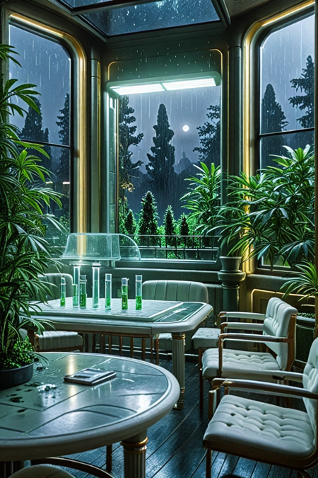 masterpiece,high quality,
420futurism,  palace, night time, rain, moonlight, no humans, scenery, plant, chair, indoors, table, tree, window,   cinematic photography  <lora:420Futurism:1>