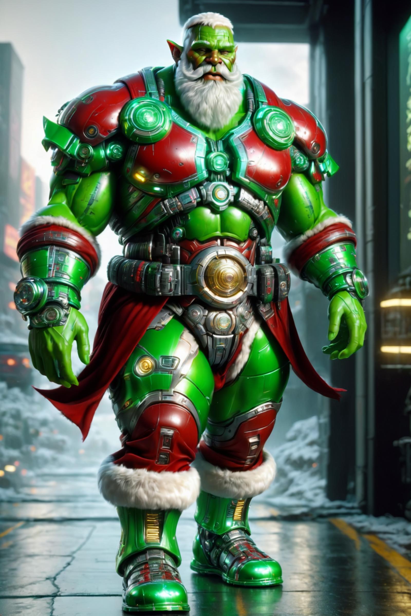 A Christmas-themed robot figure with green and red colors and a belt.
