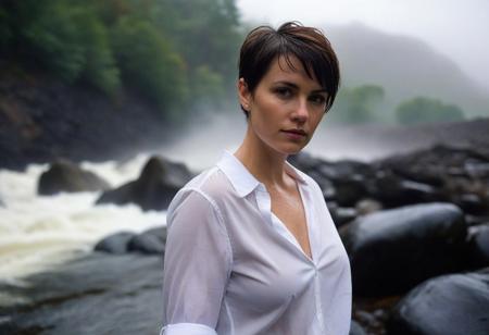 nipples , full body portrait, closeup, looking over shoulder, love, 30 year old woman, brunette, pixie  hair, ,natural skin, blemishes,  full lips,  brown eyes, black chasm, creek, torrent, stormy, dense fog, wet white shirt, (cinematic, bokeh), leaning at rock