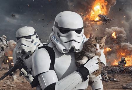 storm trooper cuddling with cat against his face, happy cat, star wars battlefield in background, upper body shot, cat pressed against face, combat in background, explosions in background, storm troopers fighting in background, explosions