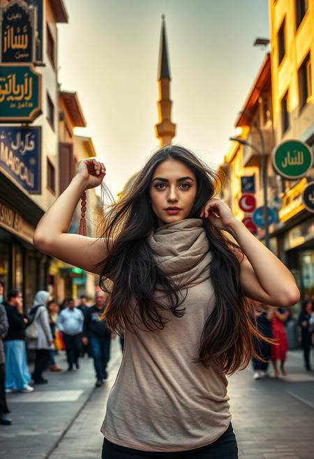 The young woman stands defiantly in the middle of a bustling street, her beauty radiant. As she pulls off her hijab, her long, dark hair flows in the breeze, reflecting the sunlight. Her striking features—high cheekbones, full lips, and deep brown eyes—capture both strength and vulnerability. Persian and Arabic shop signs line the street, their elegant script glowing under the fading sunlight. The silhouette of a mosque rises in the background, its minaret casting a long shadow over the scene. Onlookers watch, some with awe, others with fear, as the morality police close in. The sound of distant calls to prayer blend with the hum of the city, but all eyes are on her, a symbol of freedom against repression.
