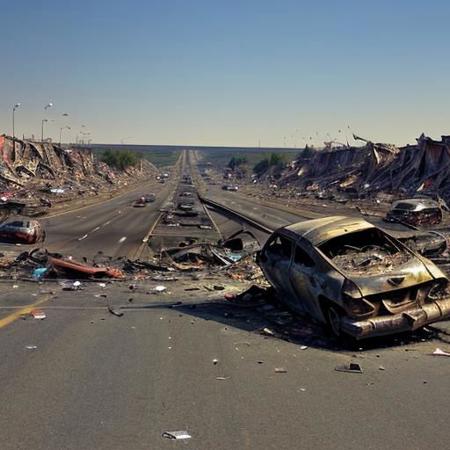 postapocalypse, (destroyed highway) (full of debris:1.5) and (car wrecks:1.5) with old rusty 404 road sign leading into canyon ending in the vast nothingness