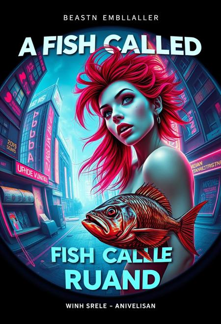 “A bold and vibrant futuristic book cover for a novel titled A Fish Called Ruanda. The artwork captures the essence of a B-movie thriller with a quirky, girly twist. The scene is viewed through the distortion of a fish-eye 12mm cinema prime lens, emphasizing a surreal, exaggerated perspective. The central focus is a glamorous but eerie young woman with wild, unkempt red hair, set against a neon-soaked, dystopian cityscape. A decrepit, rotting fish floats ominously nearby, symbolizing the novel’s ‘very rotten climax.’ The subtitle is prominently displayed in Polish, adding a unique cultural flair. The design is gritty yet chic, blending retro-futurism with a touch of campy humor, evoking intrigue and trendsetting vibes.”