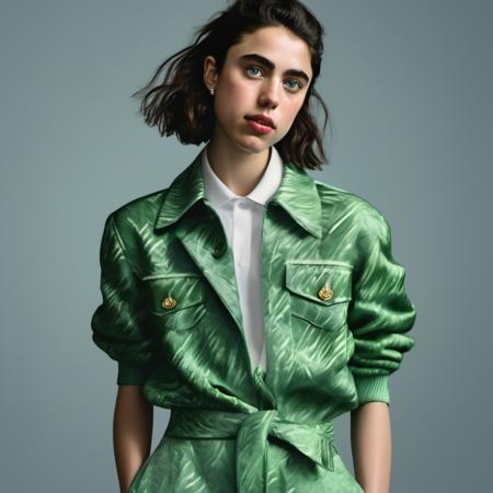 <lora:margaret_qualley_xl_lora_10:1>  margaret qualley woman fashion photo, Realistic 8K portrait: A young tomboy, blonde, short hair, green eyes, fashion clothing; dramatic lighting, cinematic colors; hyper-above