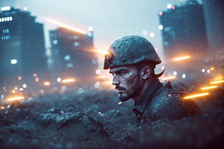 (Cinematic Photo:1.3) of (Realistic:1.3),(Fearful:1.3) a (man soldier:1.2), Full Length, far from city, bokeh, light particles, monochrome, painting by <lora:BF4Color:1>,Highly Detailed,(Dark hue:1.3),(close portrait:1.3),thematic background