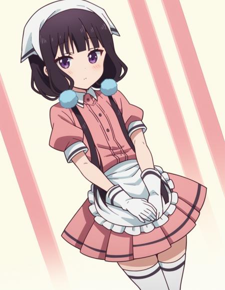 maika sakuranomiya, long hair, black hair, hair ornament, twintails, purple eyes, low twintails, skirt, shirt, long sleeves, school uniform, pleated skirt, serafuku, sailor collar, black socks, pink skirt, pink shirt, skirt, shirt, thighhighs, gloves, short sleeves, pleated skirt, frills, shoes, puffy sleeves, white gloves, black footwear, uniform, apron, white thighhighs, puffy short sleeves, zettai ryouiki, waist apron, white apron, pink skirt, pink shirt, frilled apron, waitress, head scarf,