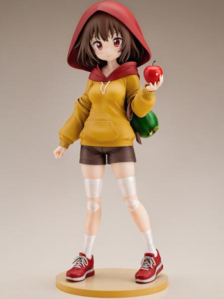 pvc,1girl, solo, bandages, apple, food, brown hair, fruit, bandaged leg, holding food, hoodie, hood, white background, full body, shoes, holding fruit, holding, simple background, bandaid, sneakers, red eyes, short hair, looking at viewer, standing, red footwear, megumin, collarbone, shorts, bandaid on leg, bike shorts, long sleeves, blush, bandaid on face, sweater