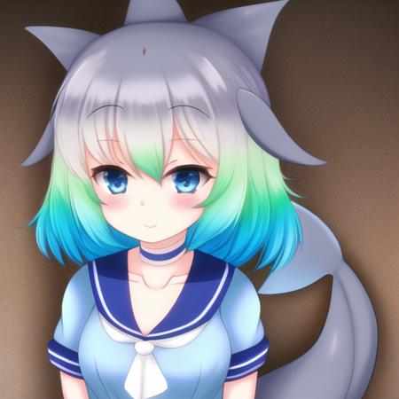 <lora:cbd:0.8>, cbd, solo, 1girl, blue hair, blue eyes, short sleeves, short hair, grey hair, sailor collar, light blue frilled sailor dress, dolphin tail, dorsal fin, blowhole, neckerchief, japari symbol, gradient hair, hair between eyes, bangs, head fins, dolphin girl, choker, collarbone, anchor symbol, detailed shading, detailed ambient light