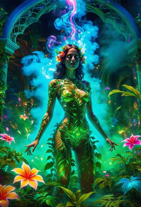 (Synesthetic garden of vibrant emotions, colors blooming with feelings:1.6), (petals shimmering with chromatic melodies:1.4), (leaves glowing with luminous harmonies:1.5),  famous artwork by (julie baroh:1.2), (dramatic scene:1.1), (fractal art:1.1), fantasy style, dynamic angle, enenra, formless mist like creature, made of smoke and vapor, transluscent, transparent, uncorporeal, humanoid shape in the smoke, glowing radiant presence, mystical ephemeral appearance,fog, ghostly apparitions, Bored, A slack jaw, drooping eyelids, and a slightly uninterested gaze. <lora:add-detail-xl:3 > . Dark, mysterious, haunting, dramatic, ornate, detailed
 expressive and immersive, (surreal art by Chiho Aoshima and Lisa Frank:1.3), synesthetic patterns, iridescent details, (emanating the beauty of sensory fusion:1.7), psychedelic landscape background, vibrant gradient hues, (a paradise of blended perceptions:1.4)