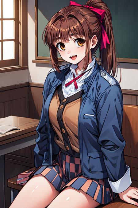 doukoku_chisa, brown eyes, brown hair, long hair, ponytail, ribbon, hair ribbon, blue jacket, school uniform, shirt, long sleeves, pleated skirt,