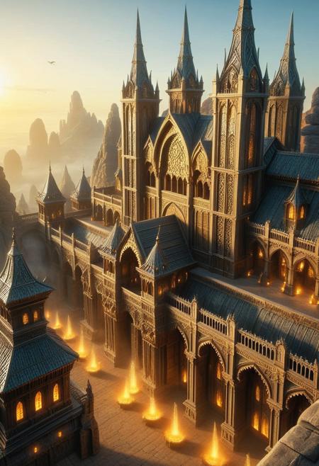 score_9, masterpiece, best quality, dynamic angle, 8k, 
The opulent, atmosphere of the High Dwarves palace gave way to a realm that seemed to defy the very laws of nature,
The air was filled with an ethereal, otherworldly glow, as if the very sky was suffused with the radiant beauty of the dwarves who dwelled there. The architecture was made of gears, breathtaking blend of soaring spires, delicate arches, and gossamer-thin fabrics that seemed to dance and flutter on the breeze, even without a wind. It was as if the palace itself was a living, breathing entity, pulsing with the same divine energy that coursed through the veins of the Low Dwarves.
dramatic light, cinematic composition, majestic colors