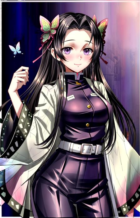 (masterpiece, top quality, best quality, official art, beautiful and aesthetic, picture-perfect:1.4), 1girl, solo,  Kanae, (looking at viewer, cowboy shot, standing:1), (black hair, black colored hair, black long hair, long hair, long flowing hair, parted bangs:1.2), (purple eyes, shining purple eyes:1.3), [smile, closed mouth:1.2], [large breasts, sexy:1], (Kanae Attire, black jacket, black pants, demon slayer uniform, haori, butterfly print, butterfly hair ornament, wide sleeves, long sleeves:1.15), <lora:more_details:.4>,  <lora:KanaeLora:.8>