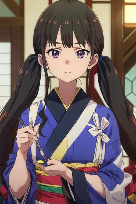 best quality, masterpiece, highres, solo, {inoue_takina_lycorisrecoil:1.15}, black_hair, long_hair, bangs, purple_eyes, closed_mouth, ribbon, green_ribbon, neck_ribbon, 1girl, anime_coloring, blue_kimono, blurry_background, indoors, japanese_clothes, kimono, twintails, blurry, portrait, parody, looking_at_viewer