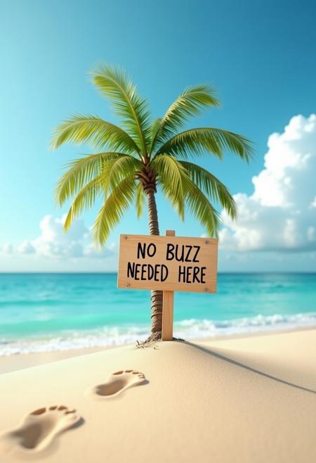Realistic, photograph, A tiny island with a single palm tree, where a wooden sign stuck in the sand reads ‘NO BUZZ NEEDED HERE’ with fresh footprints leading away.