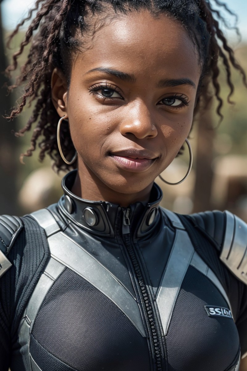 1 african woman in combat clothes,cute,black battle suit, sci-fi, closeup portrait photo,