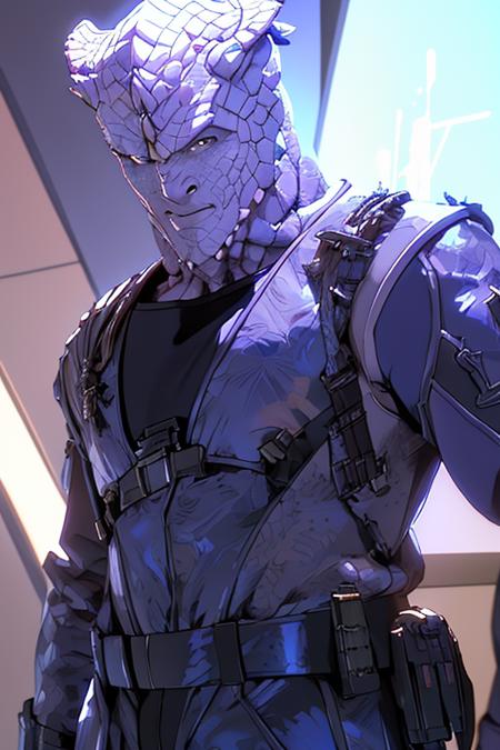 <lora:jmhdr_lora-10:0.8> jemhadar alien man with scaly skin and horned head and white plastic neck tube, 1man, ((half length shot)), anime, digital painting, unreal engine, artstation, pixiv, digital illustration, digital art, dramatic, (male:1.8), wearing sci-fi uniform, high quality