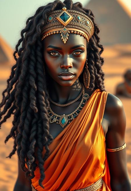 Photography, black woman pharaoh Cleopatra, richly dressed in silks, walking on desert sand, jewelry design,bernini, macro lens, ancient egyptian,sphinx, black woman, desert background, hazel eyes, ultra realistic and detailed, reflection eyes ultra realistic, skin perfect, with vibrant meticulously detailed intricate long curly glowing and flowing hair, Fantasy, Beautifully lit, Beautiful lighting, lovely colors, Intricate details, fineart, max details, Ultra realistic, photo realism, Perfect anatomy, precise features, ((boobs)), (((thick hips))), ((dreadlocks))