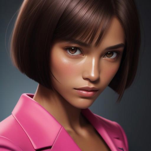 1girl
solo
bobcut,Oiled Skin,oiled tan skin,,shiny skin,pink suit,close-up face,