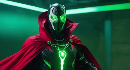 cybernetic style, (Cinematic Film stock footage style) in (arri alexa style) (Kodak film print style),
 <lora:Spawn:1>
Spawn a man with a living symbiotic costume and a red cape and a chain around his neck and glowing green eyes, futuristic, technological, cybernetic enhancements, robotics, artificial intelligence themes