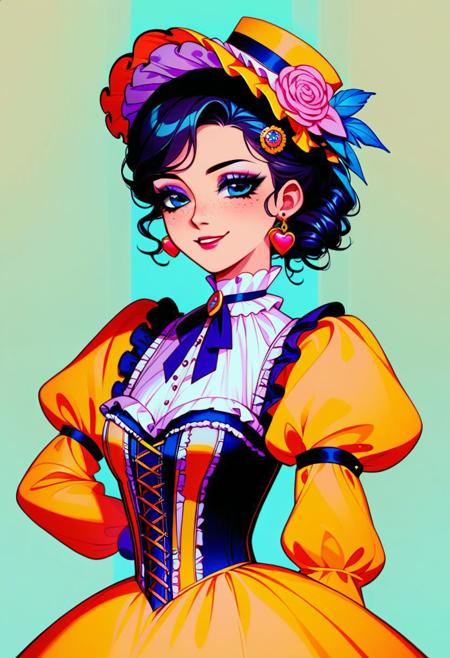 score_9, score_8_up, score_8, volumetric lighting, vibrant colors, victorian pinned up hairstyle, freckles, dimples, black hair, fancy hairstyle, big earrings, 30 years old, puffy lace sleeves, pastel orange-yellow dress, victorian noble dress corset, nobility, puff sleeves, makeup, eyeliner, eyelashes, smug, arrogant,one scar on cheek, upper body portrait, hairpin, upper class attire, striking facial features, hat, dark blue eyes, ((victorian era))
