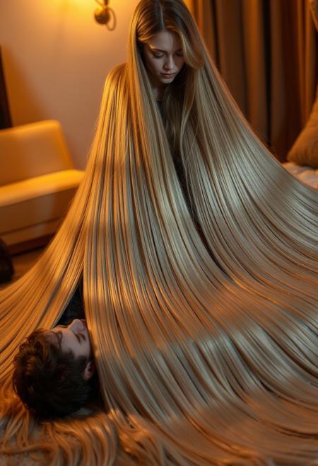 A woman with extraordinarily long, floor-length hair stands over a man lying on the floor. Her silken tresses cascade down, enveloping him completely, wrapping around him like a living blanket of flowing hair. The scene is intimate and serene, bathed in warm, ambient light. The woman gazes down with a calm, caring expression, while the man lies beneath the luxurious strands, relaxed and savoring their soft embrace. The setting is indoors, exuding a cozy and elegant atmosphere.